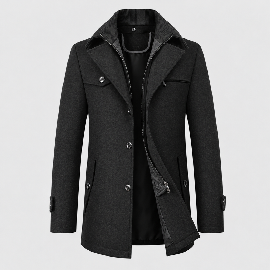 Logan Men's Mid-Length Zip & Button Wool Blend Coat