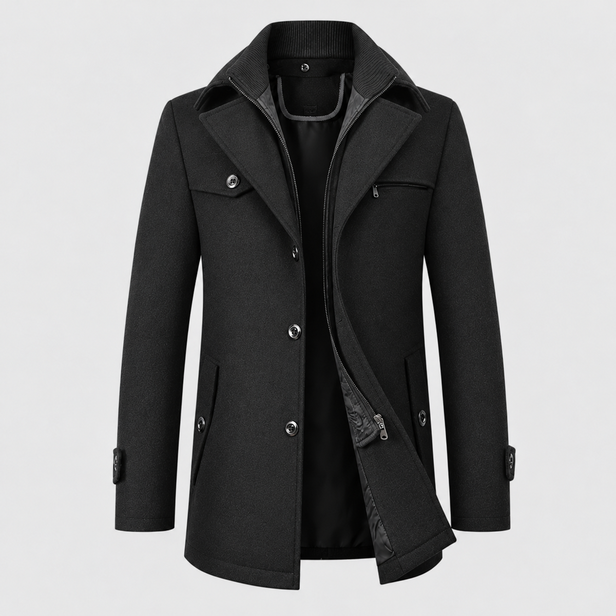 Logan Men's Mid-Length Zip & Button Wool Blend Coat
