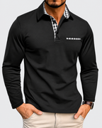 Ethan Men's Long Sleeve Polo Shirt with Plaid Trim Detail