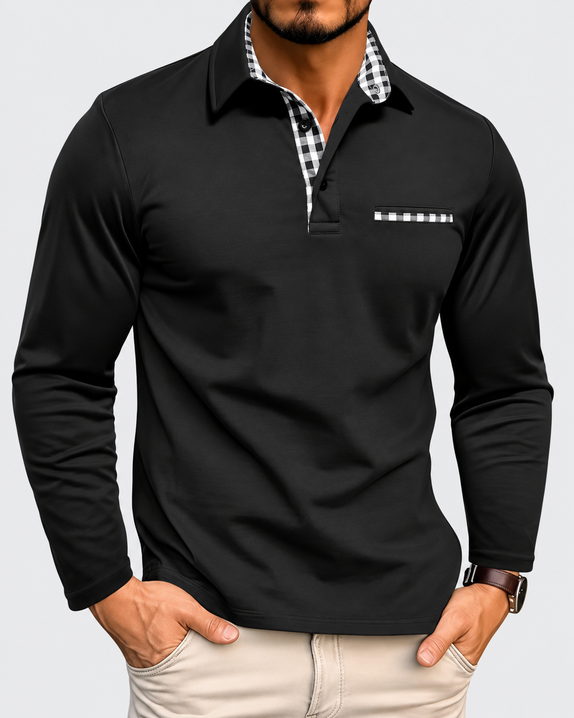 Ethan Men's Long Sleeve Polo Shirt with Plaid Trim Detail