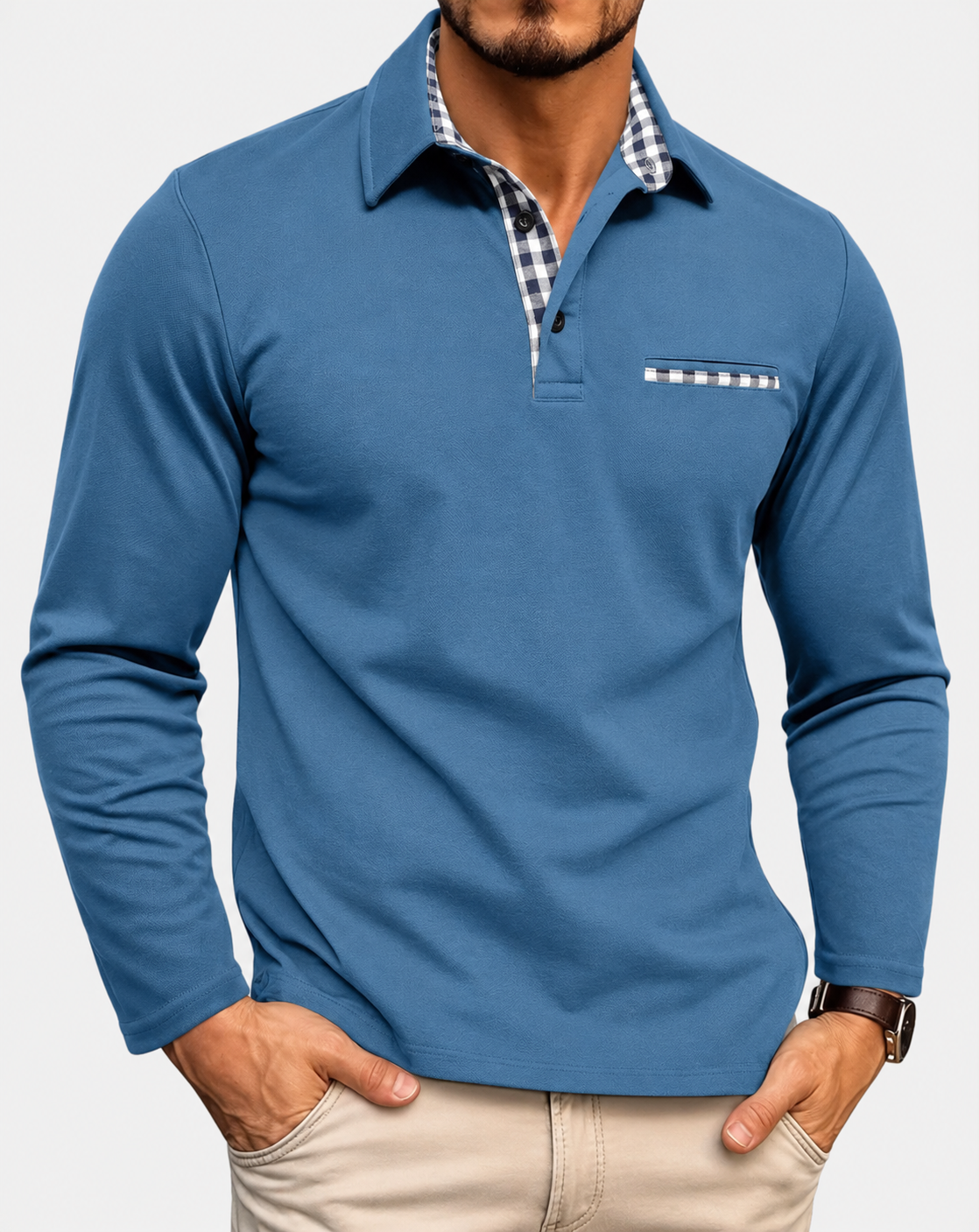 Ethan Men's Long Sleeve Polo Shirt with Plaid Trim Detail