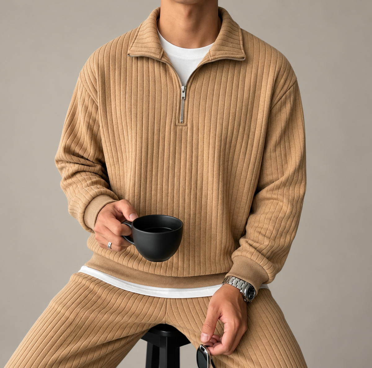 Asher Men's Ribbed Quarter-Zip Pullover Jumper