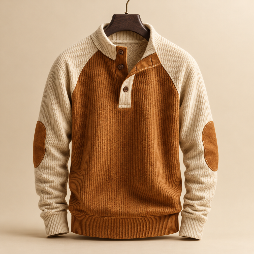 Jasper Men's Buttoned Stand Collar Knit Jumper with Elbow Patches