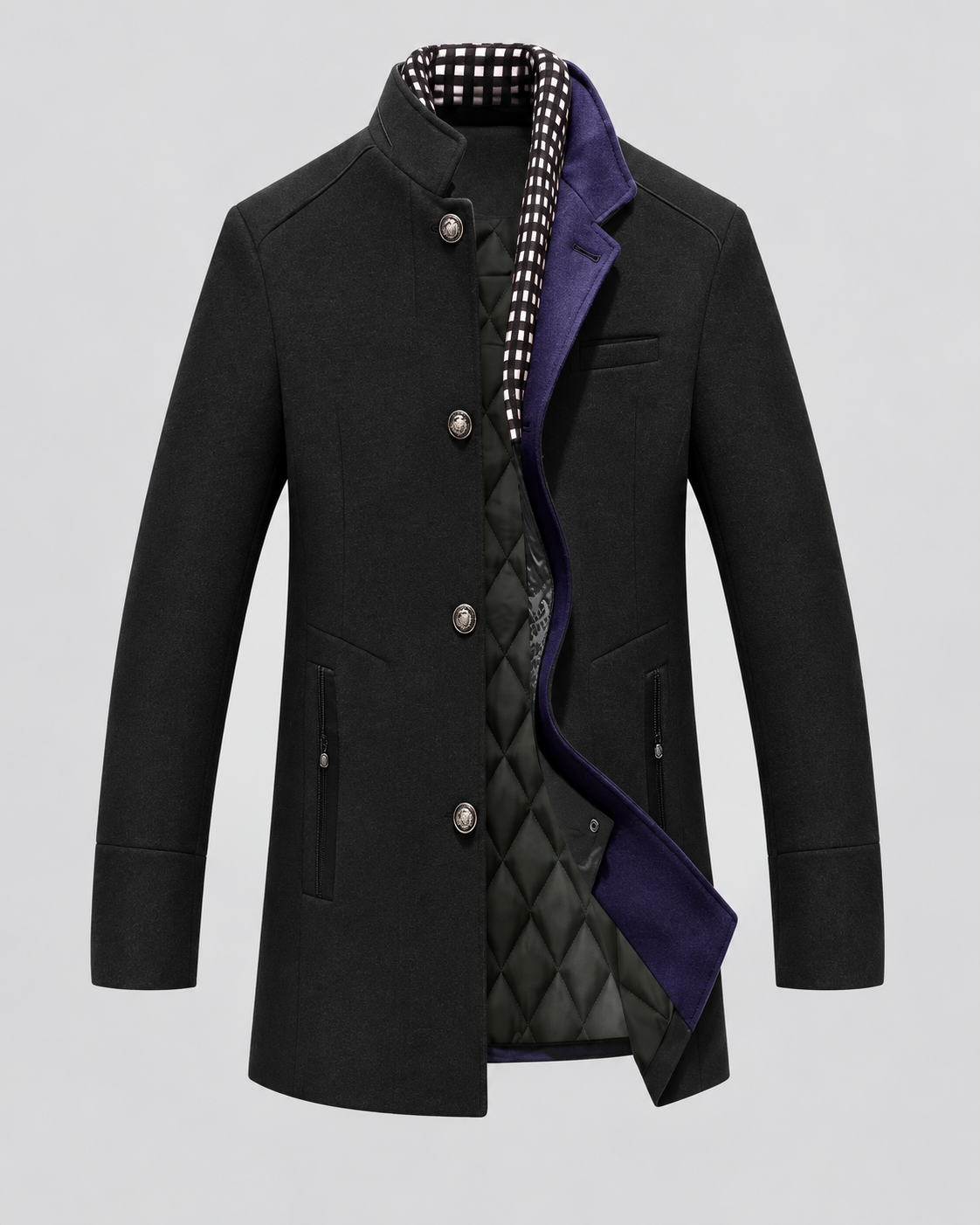 Xavier Men's Stand Collar Wool Blend Overcoat