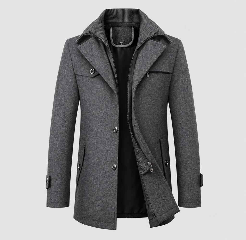 Logan Men's Mid-Length Zip & Button Wool Blend Coat