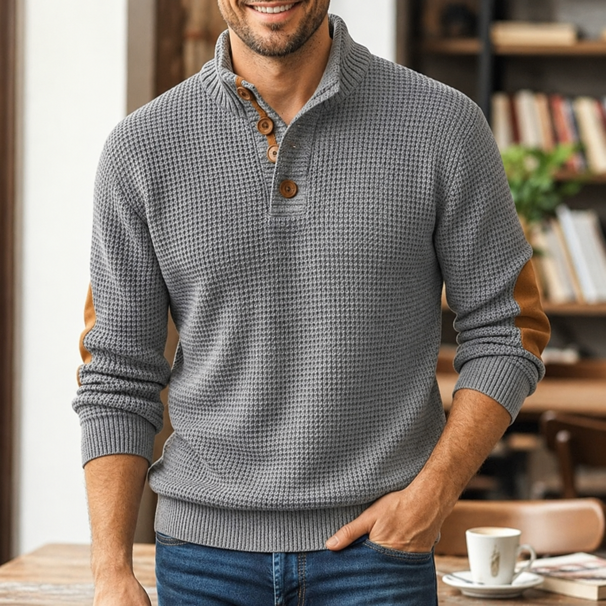 Liam Waffle-Knit Button-Neck Jumper with Elbow Patches
