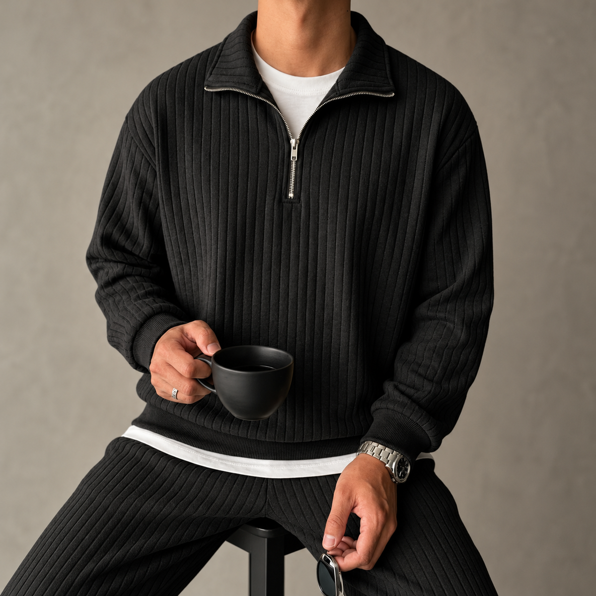 Asher Men's Ribbed Quarter-Zip Pullover Jumper