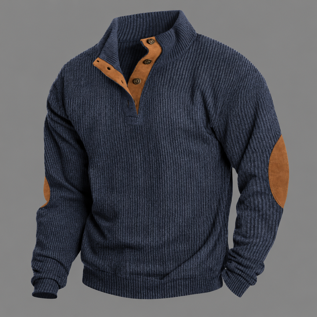 Felix Ribbed Button-Collar Suede-Patch Jumper