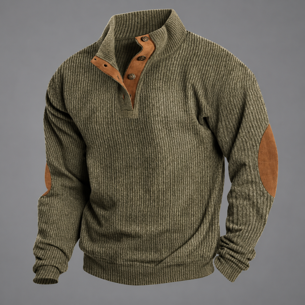 Felix Ribbed Button-Collar Suede-Patch Jumper