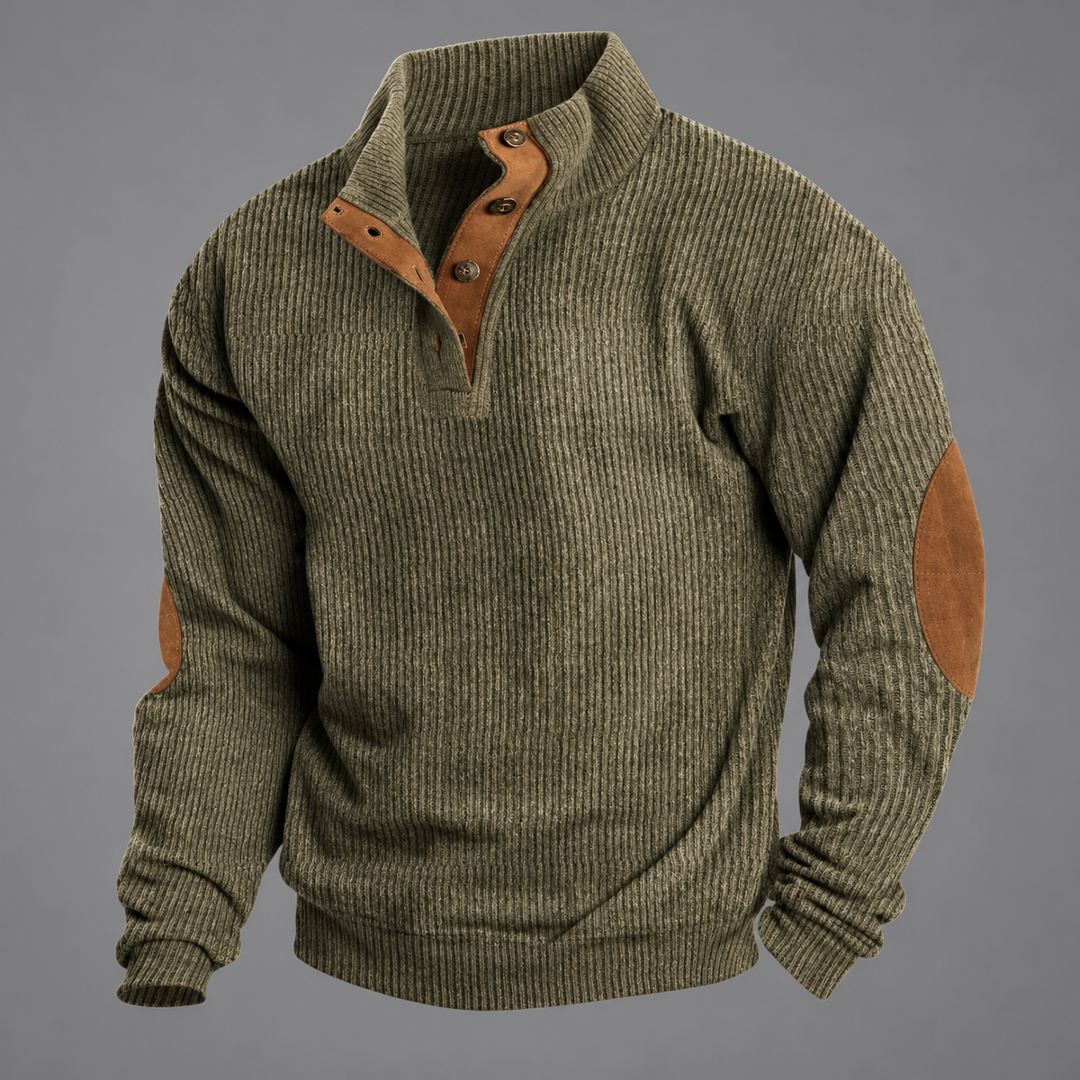Felix Ribbed Button-Collar Suede-Patch Jumper