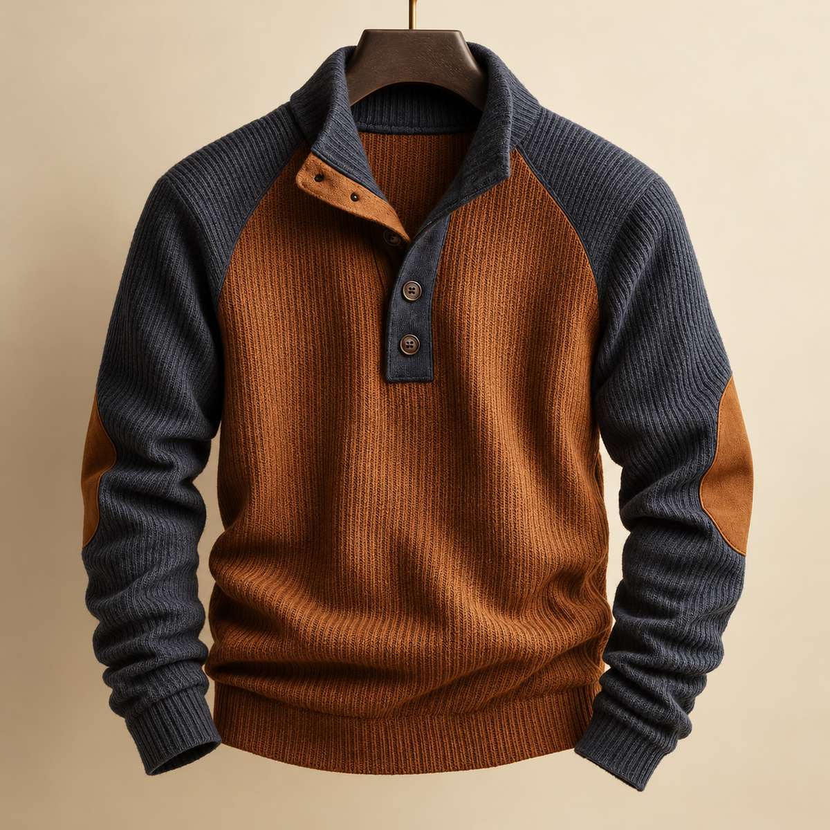 Jasper Men's Buttoned Stand Collar Knit Jumper with Elbow Patches