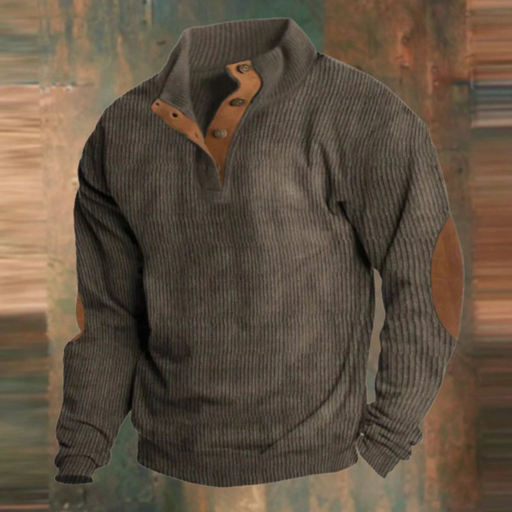 Men's Ribbed Button-Collar Suede-Patch Knit Jumper