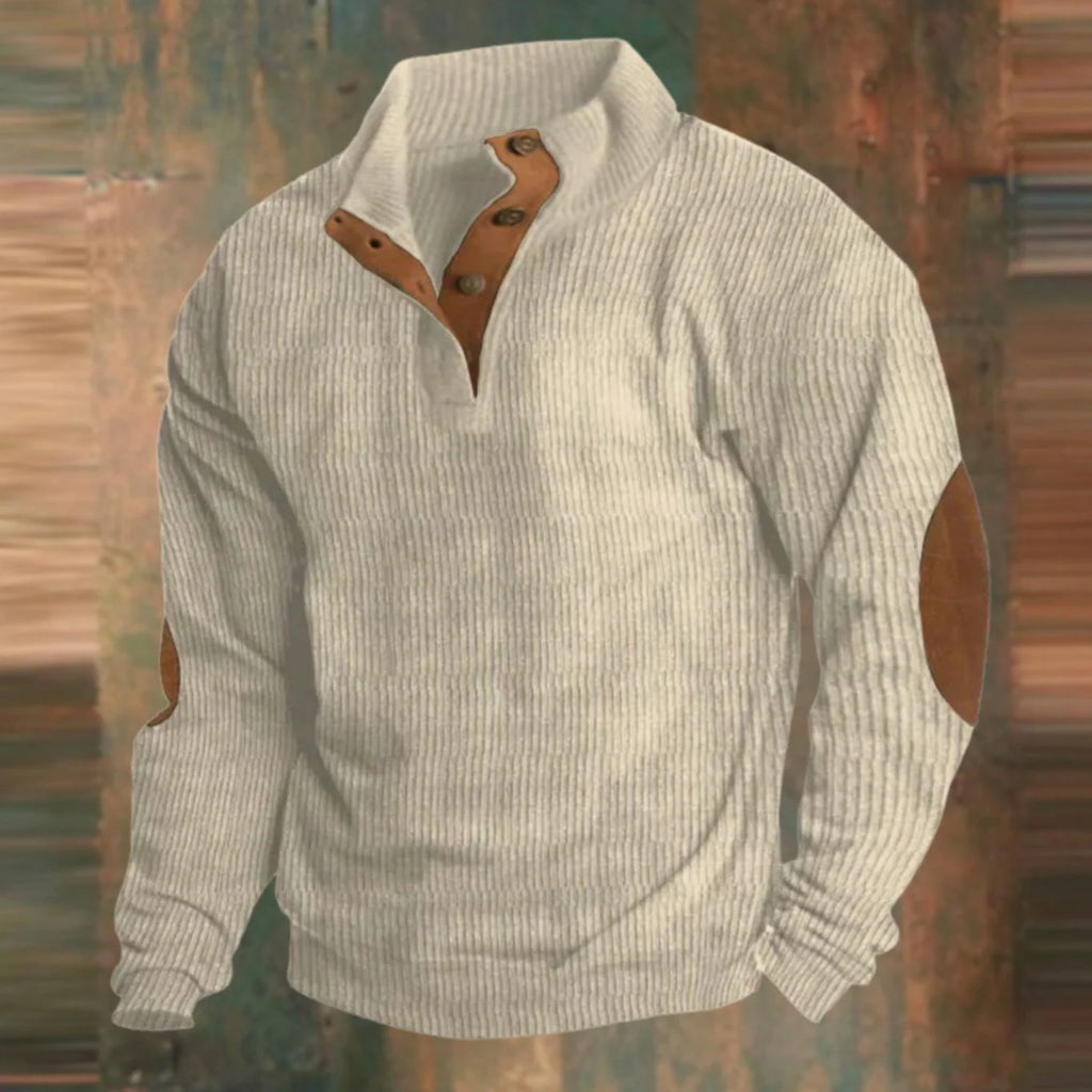 Men's Ribbed Button-Collar Suede-Patch Knit Jumper