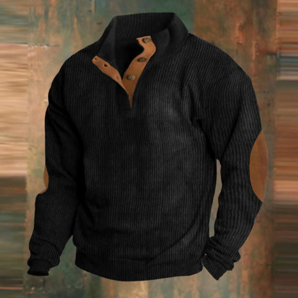 Men's Ribbed Button-Collar Suede-Patch Knit Jumper