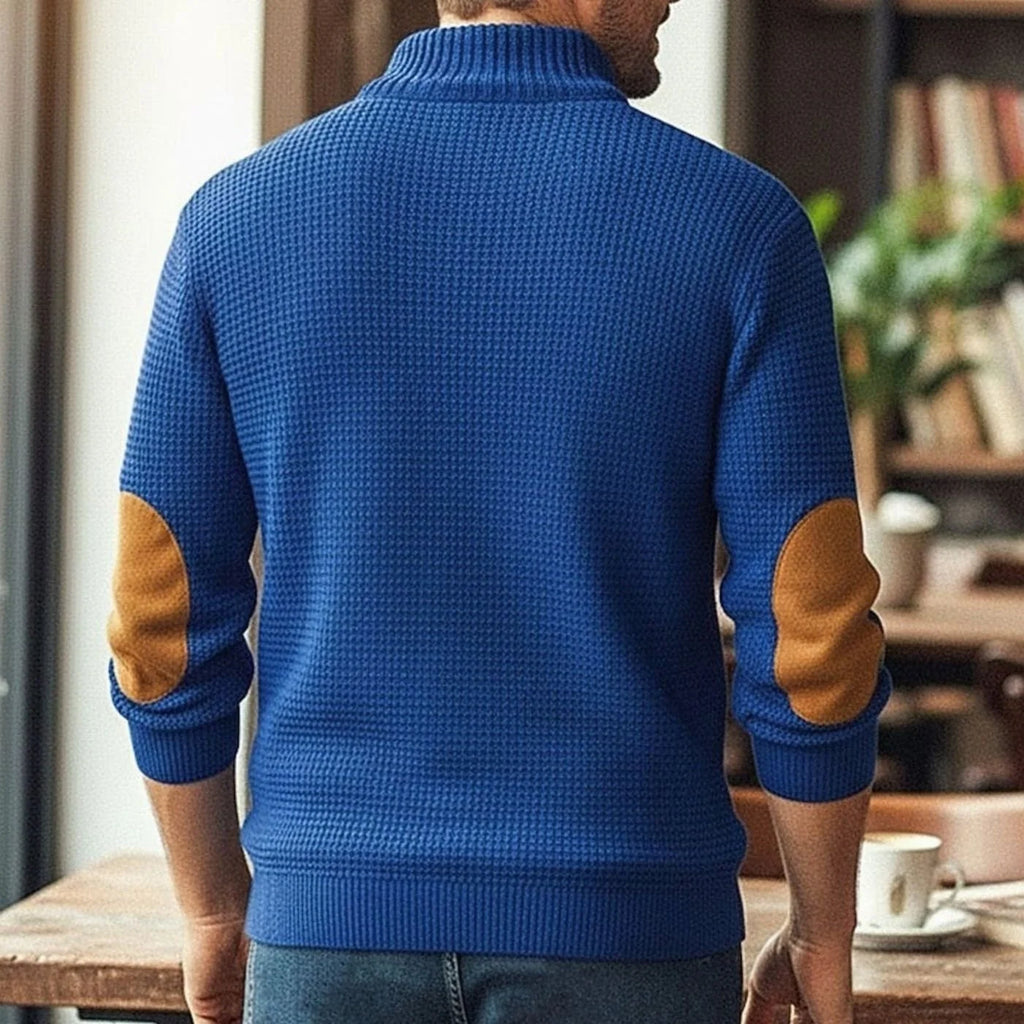 Men's Waffle-Knit Button-Neck Jumper with Elbow Patches