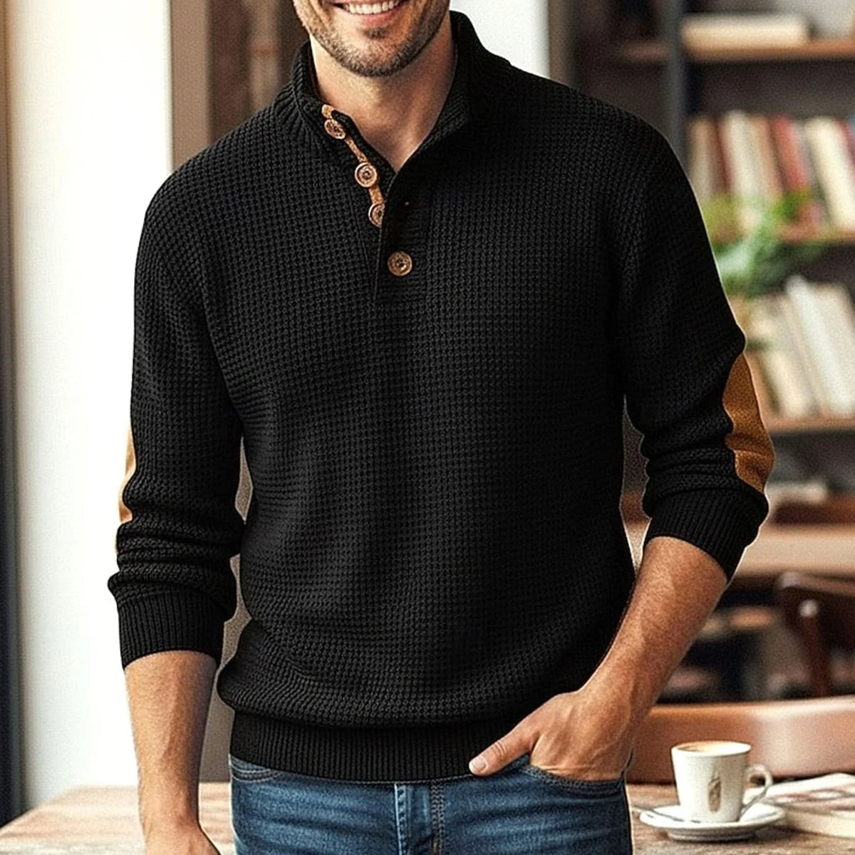 Men's Waffle-Knit Button-Neck Jumper with Elbow Patches